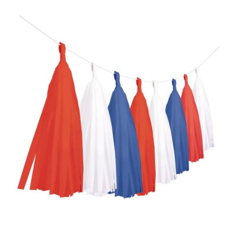 Patriotic tassel garland in red, white, and blue with 12 tassels, perfect for Independence Day and festive gatherings.