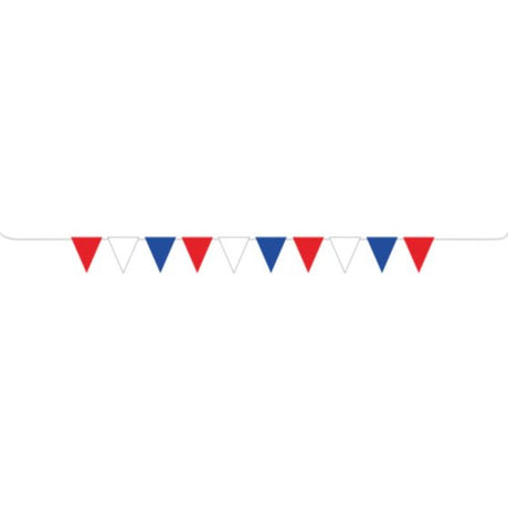 Vibrant 5m red, white, and blue pennant banner, perfect for patriotic celebrations and events.