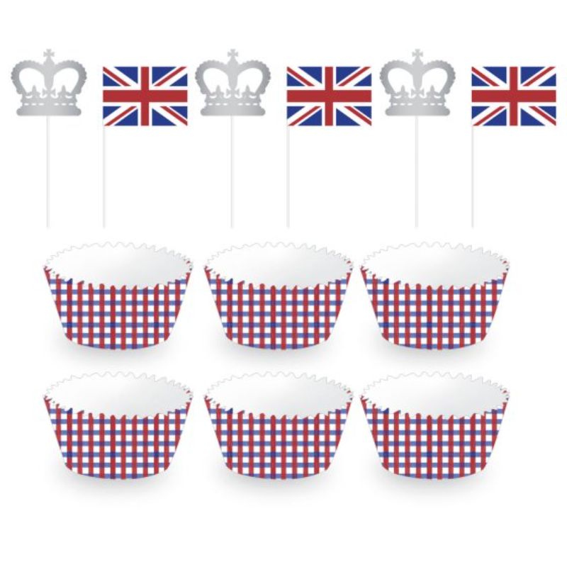 Pack of 24 vibrant British-themed cupcake cases and picks for festive baking and celebrations.