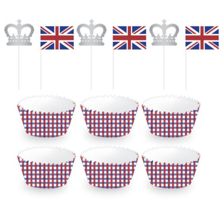 Pack of 24 vibrant British-themed cupcake cases and picks for festive baking and celebrations.