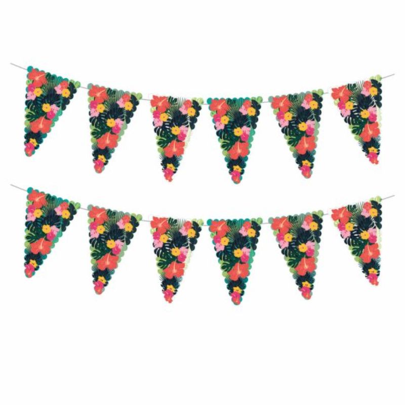 Vibrant flamingo floral bunting, 6m long, perfect for tropical celebrations and reusable for eco-friendly decor.
