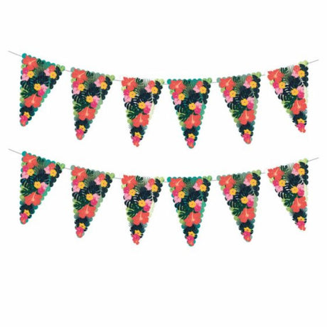 Vibrant flamingo floral bunting, 6m long, perfect for tropical celebrations and reusable for eco-friendly decor.