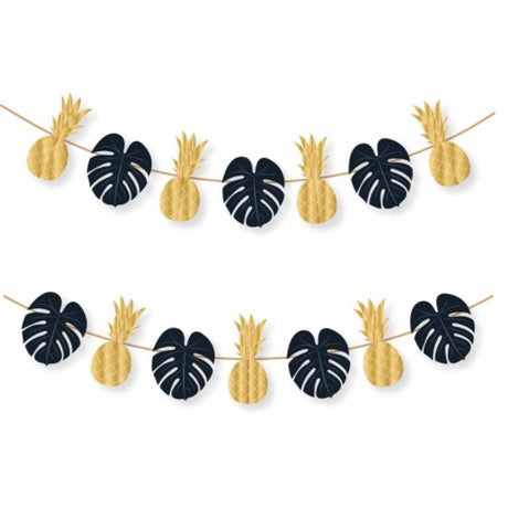 Colorful string garland featuring flamingos, pineapples, and palm leaves, perfect for tropical-themed decor and celebrations.