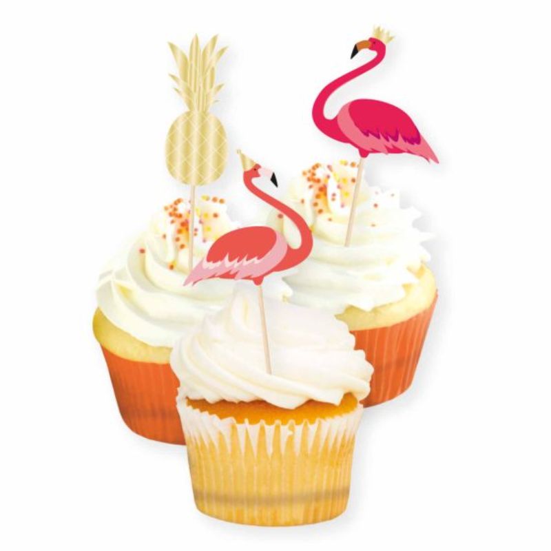 Colorful flamingo and pineapple cake picks, perfect for tropical-themed parties, sold in a pack of 12.