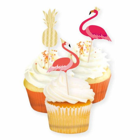 Colorful flamingo and pineapple cake picks, perfect for tropical-themed parties, sold in a pack of 12.