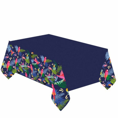 Vibrant Club Tropicana Paper Tablecover with tropical design, perfect for summer parties and easy post-party clean-up.