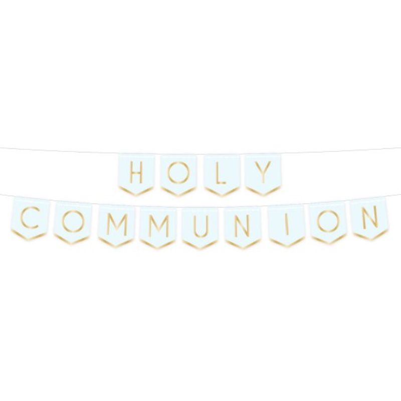 Botanical Celebration Blue Holy Communion Pennant Banner with vibrant designs, ideal for decorating celebrations honoring first communion.