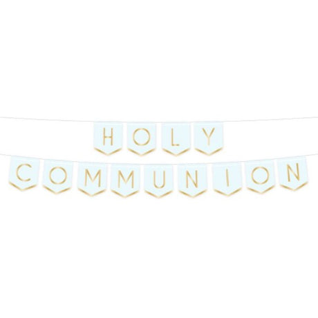 Botanical Celebration Blue Holy Communion Pennant Banner with vibrant designs, ideal for decorating celebrations honoring first communion.