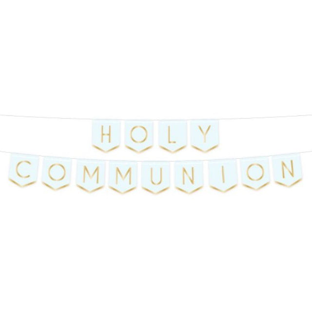 Botanical Celebration Blue Holy Communion Pennant Banner with vibrant designs, ideal for decorating celebrations honoring first communion.