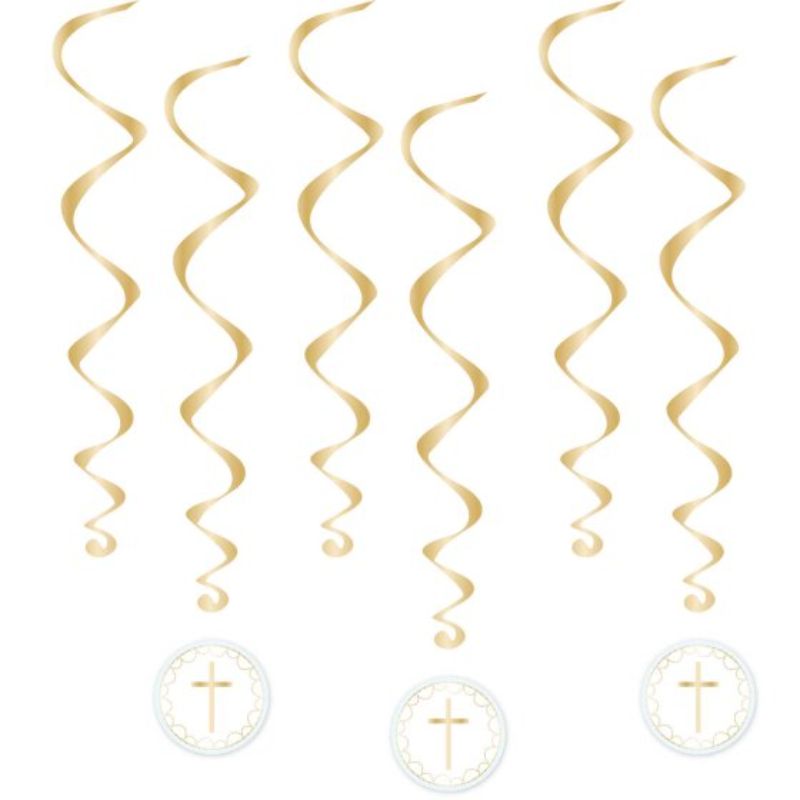 Pack of 6 blue spiral swirls hanging decorations, 50cm and 60cm, perfect for festive celebrations and home decor.
