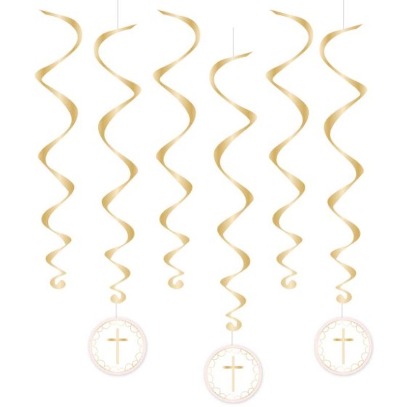 Pack of 6 pink spiral swirls hanging decorations, perfect for vibrant party decor at events like weddings and baby showers.