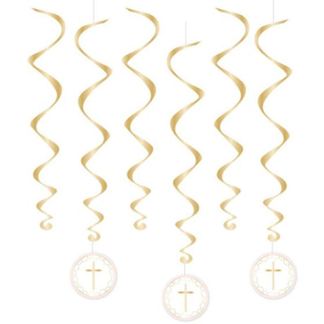Pack of 6 pink spiral swirls hanging decorations, perfect for vibrant party decor at events like weddings and baby showers.