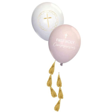 Pack of 4 pink latex balloons with botanical prints, perfect for elegant party decor and celebrations.