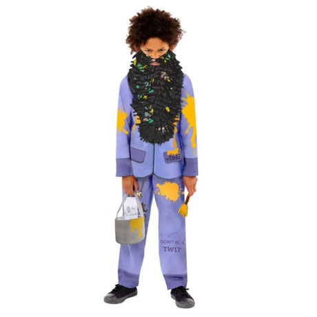 Mr Twit costume for boys 10-12; includes top, trousers, beard, brush prop, bag, and bookmark for imaginative play.