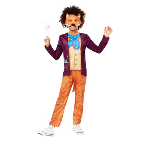 Vibrant Mr Fox costume for boys 8-10, featuring a jumpsuit, tail, eye mask, and a reading bookmark for imaginative play.
