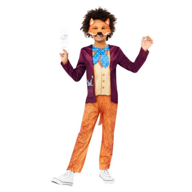 Vibrant Mr Fox costume for boys 8-10, featuring a jumpsuit, tail, eye mask, and a reading bookmark for imaginative play.