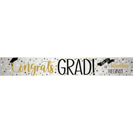 Vibrant 2.7m Graduation Foil Banner adds glamour to celebrations, perfect for showcasing achievements at indoor and outdoor parties.