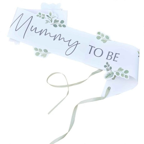 Botanical Baby Mummy to Be Shower Sash with sage green ribbon, perfect for baby showers and celebrating motherhood.