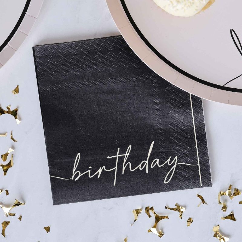 Champagne Noir Nude & Black Happy Birthday Paper Party Napkins - Pack of 16