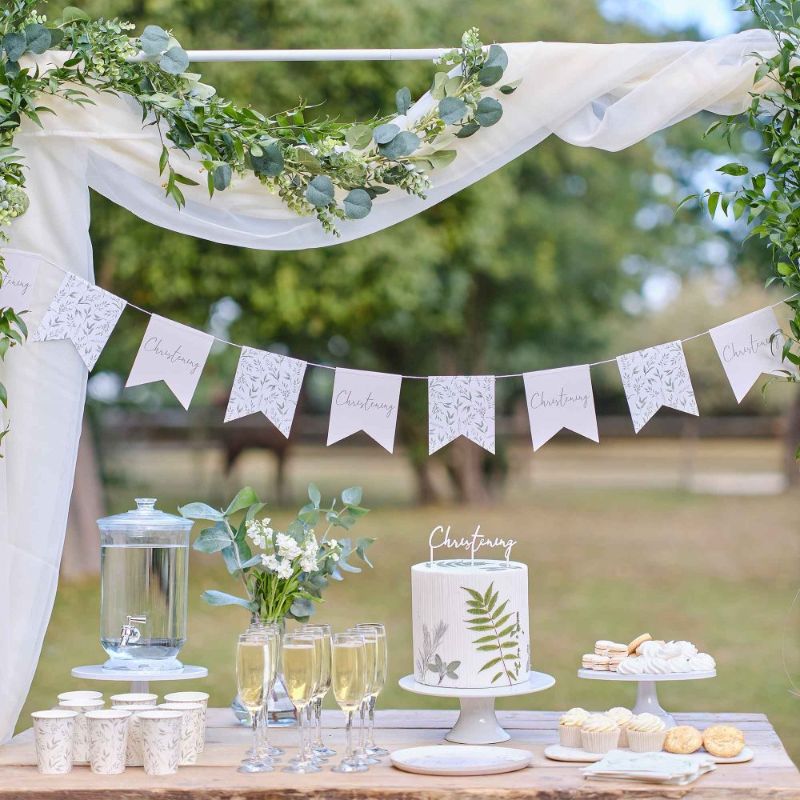 Christening White & Green Botanical Christening Bunting