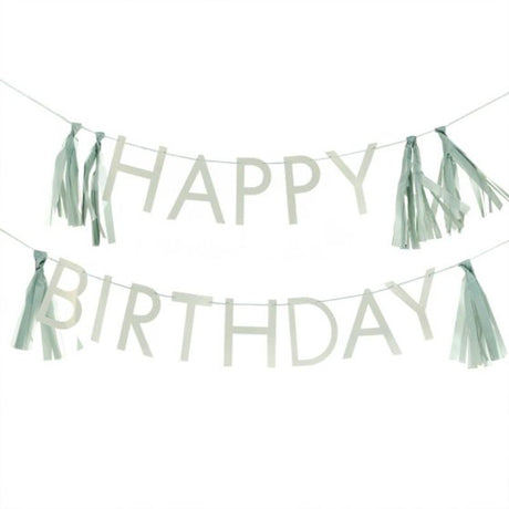 Sage green birthday bunting with tassels, 1.5m long for festive decorations.