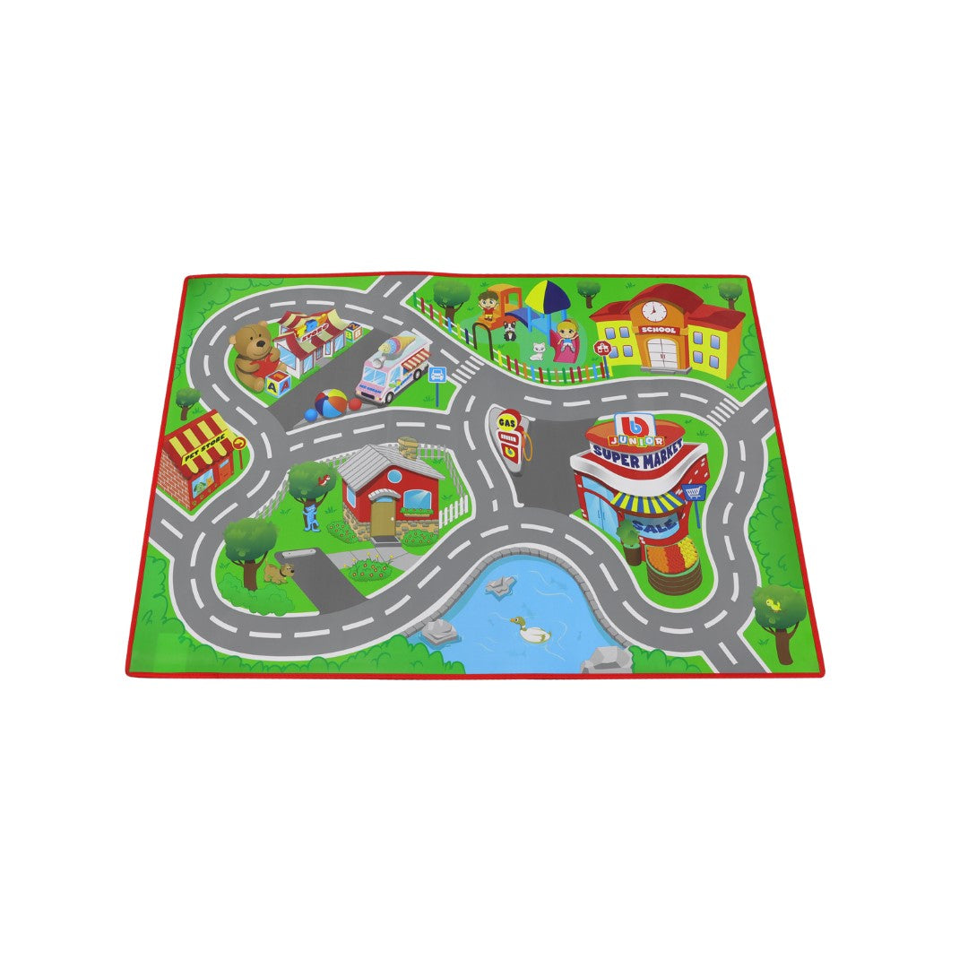 Colorful BB Junior VW Junior City Playmat with streets, buildings, and VW Combi toys for imaginative play and skill development.