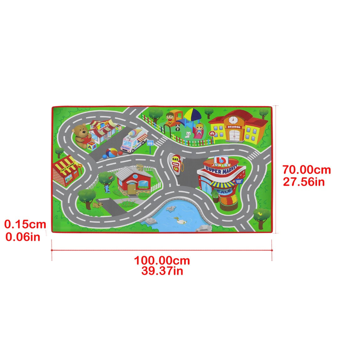 Colorful BB Junior VW Junior City Playmat with streets and buildings, includes VW Combi toys for imaginative play.