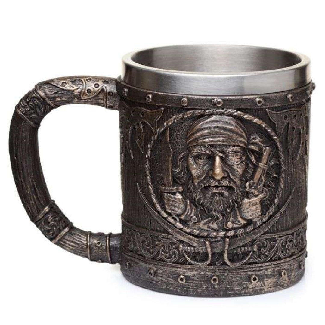 Tankard - Decorative Brushed Gold Wood Effect Pirate (14cm)