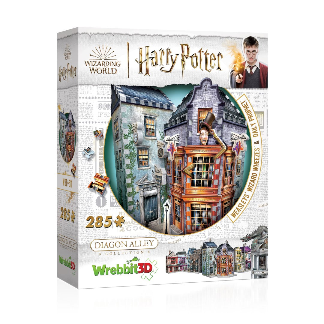 3D jigsaw puzzle of Weasleys' Wizard Wheezes showcasing the whimsical storefront from Harry Potter, includes mini Flying Ford Anglia.
