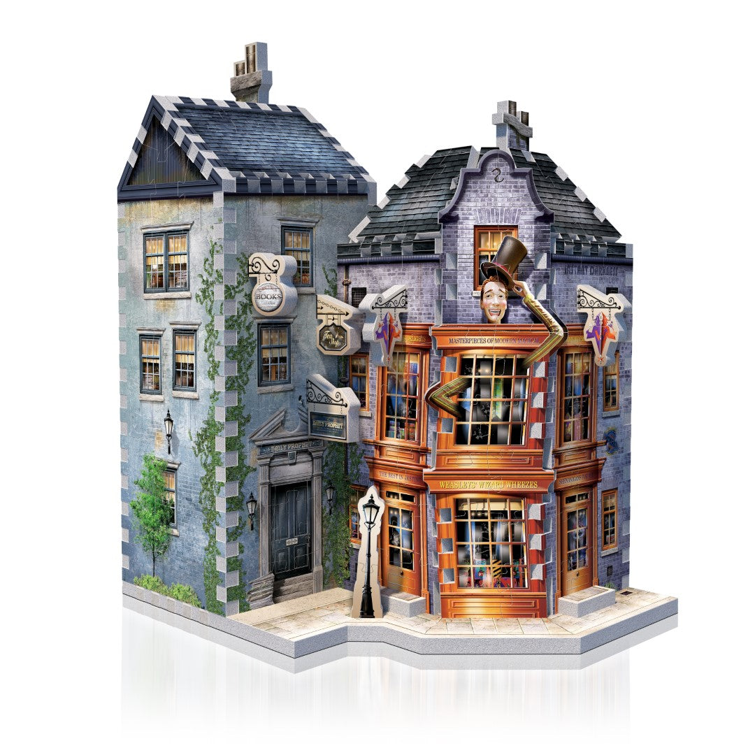 3D jigsaw puzzle of Weasleys' Wizard Wheezes with intricate details, includes a mini Flying Ford Anglia puzzle.