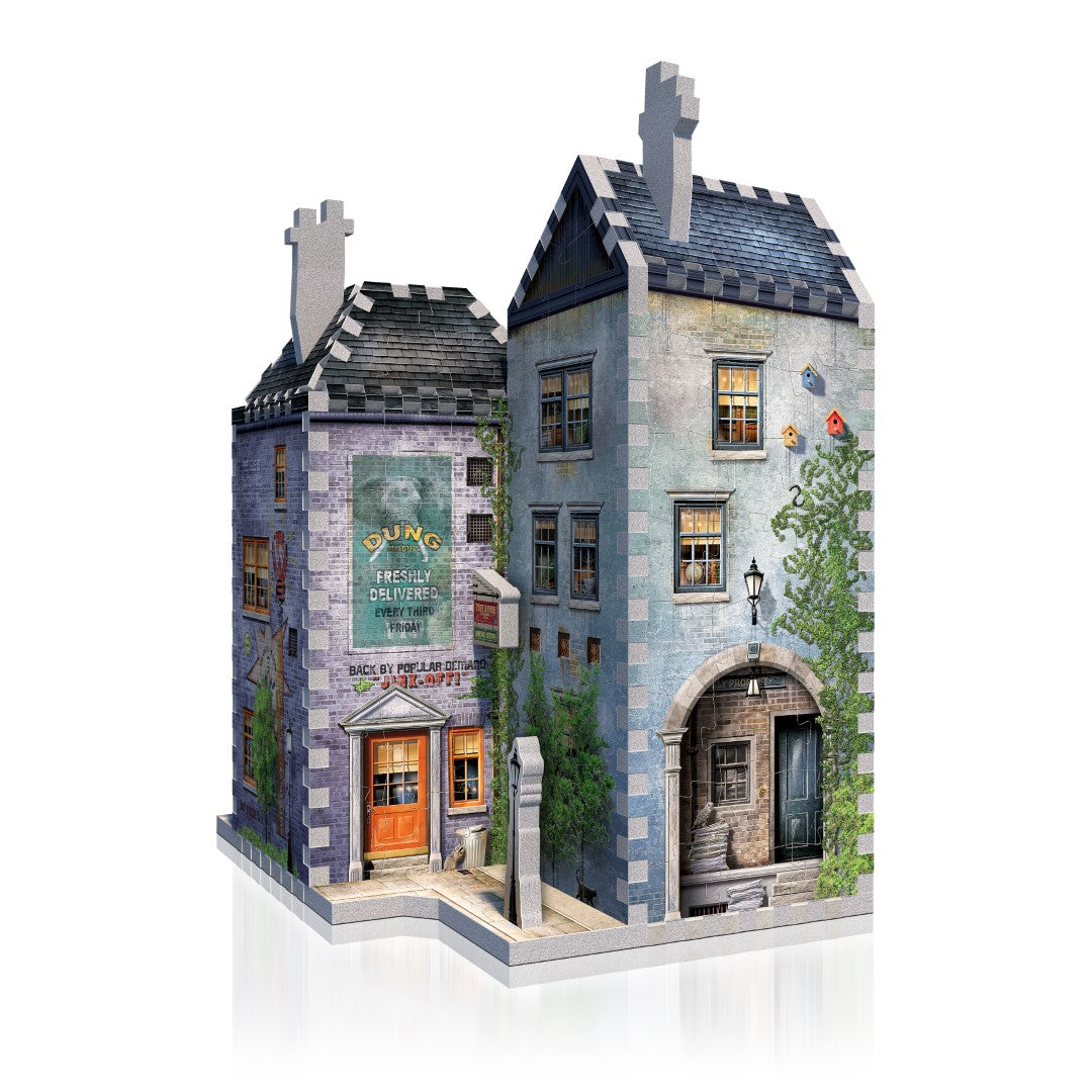 3D jigsaw puzzle of Weasleys' Wizard Wheezes, featuring vibrant details and includes a mini Flying Ford Anglia puzzle.