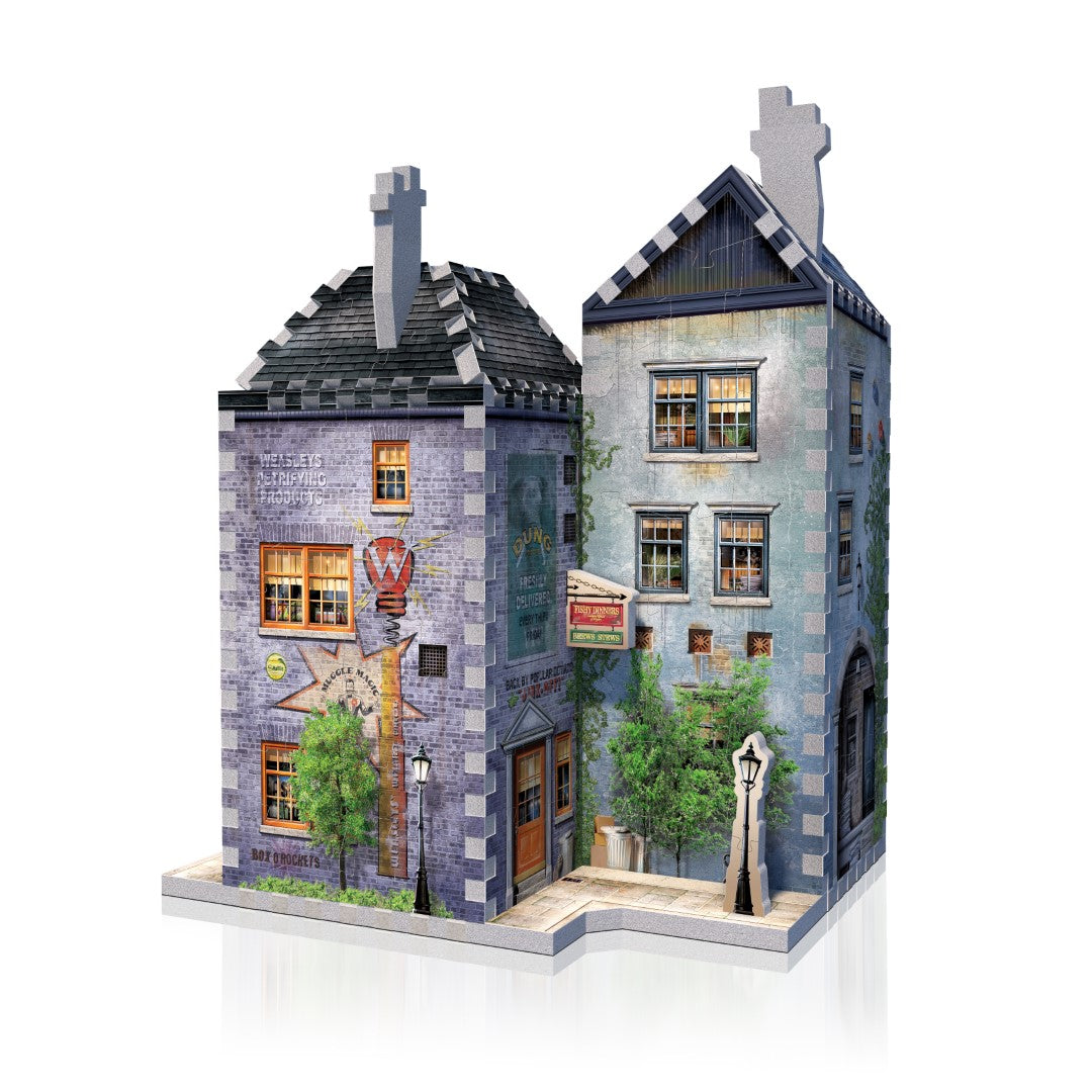 3D jigsaw puzzle of Weasleys' Wizard Wheezes storefront, featuring whimsical details and an exclusive Flying Ford Anglia mini puzzle.