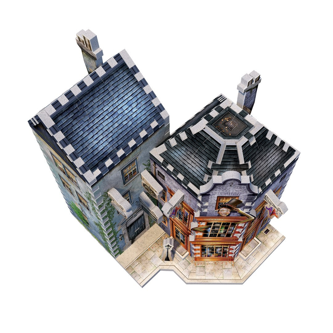 3D jigsaw puzzle of Weasleys' Wizard Wheezes storefront, featuring intricate details and included mini Flying Ford Anglia puzzle.
