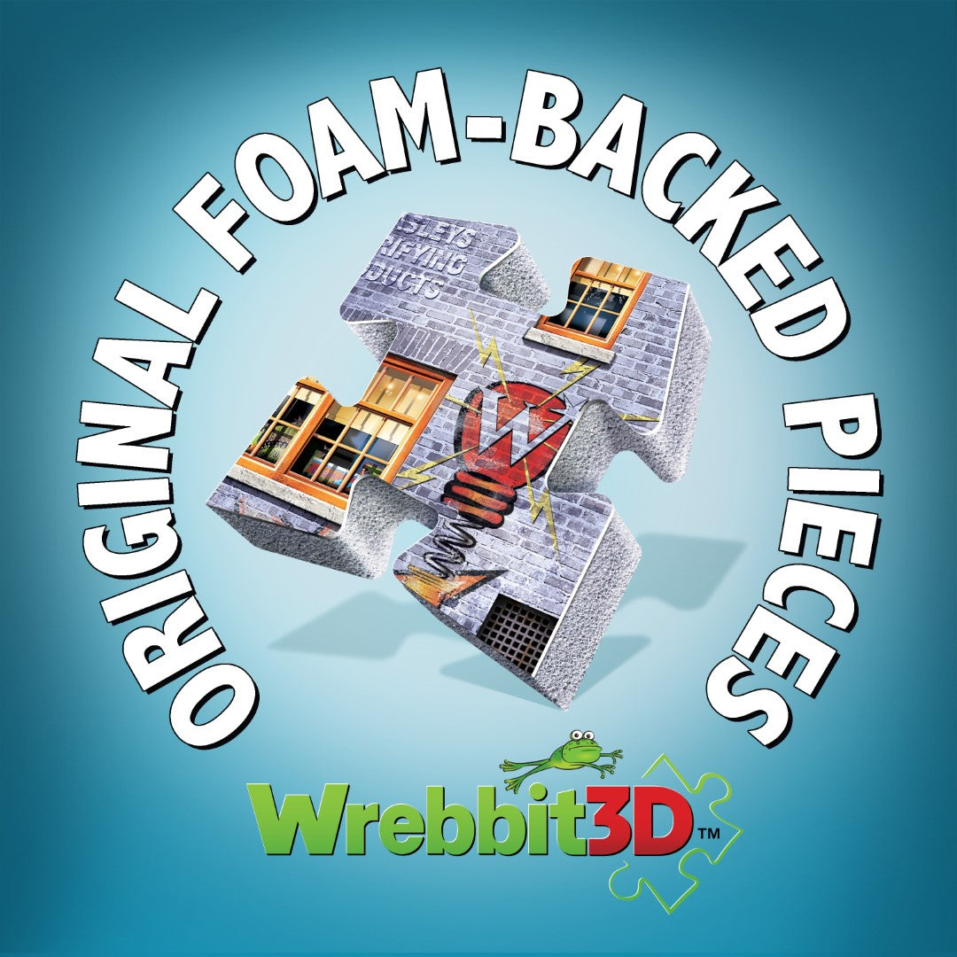 3D jigsaw puzzle of Weasleys' Wizard Wheezes featuring vibrant details and an exclusive mini puzzle of the Flying Ford Anglia.