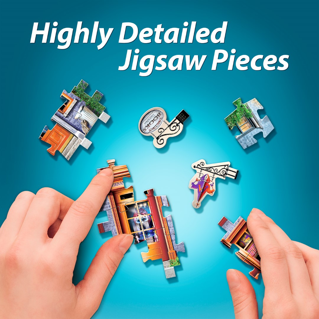 3D jigsaw puzzle of Weasleys' Wizard Wheezes, featuring vibrant details and a mini Flying Ford Anglia puzzle.