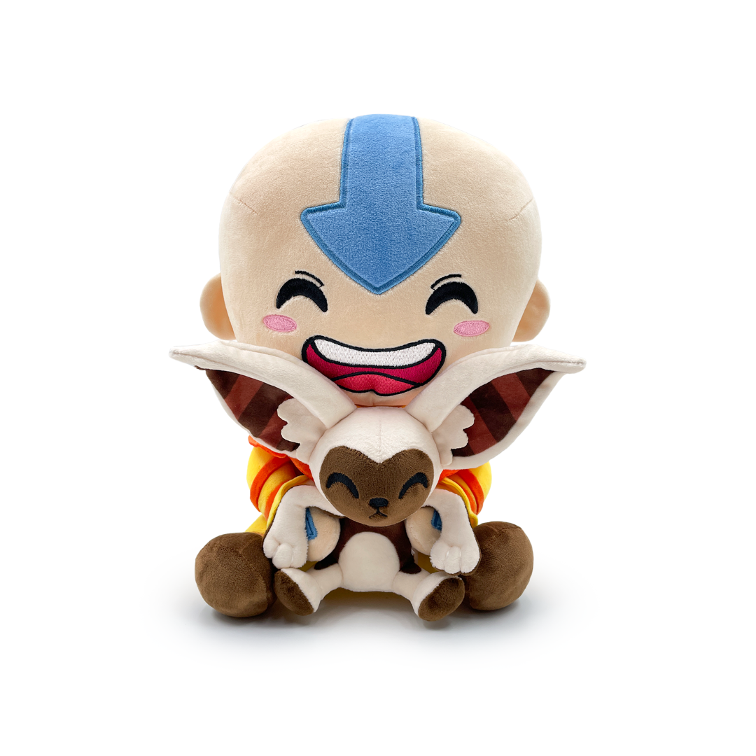 Plush Aang in orange and yellow outfit sits joyfully with Momo, crafted from soft PP cotton, perfect for cuddling or display.