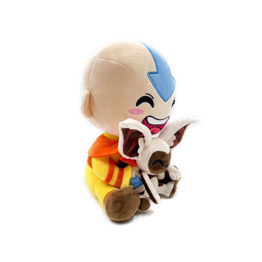 Plush Aang and Momo duo, 12 inches tall, showcasing Aang's happy expression and Momo's playful ears, perfect for fans.