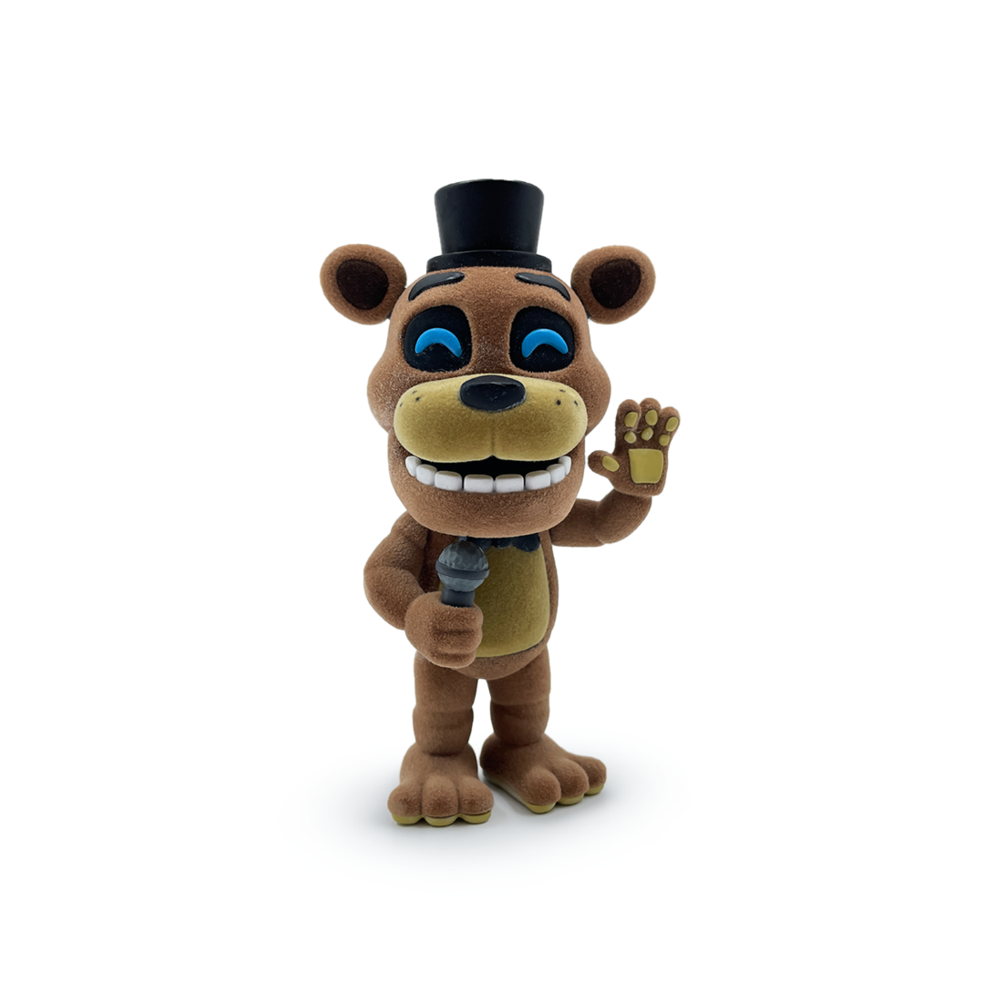 5-inch Youtooz Freddy Flocked Vinyl figurine with a soft exterior, black bowtie, tophat, and silver microphone, capturing FNAF charm.