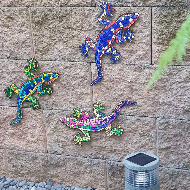 Vibrant Kiwiana gecko wall art set featuring three uniquely designed geckos on durable ACM, perfect for indoor or covered outdoor display.