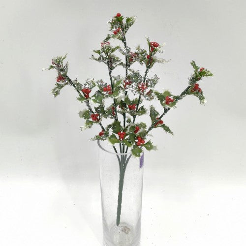 Artificial Holly Leaf Bush with Glitter Spray