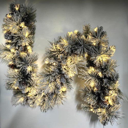 Snowy Mixed Pine Garland with Pinecone & 100 LED Lights & 150 Tips - 6'