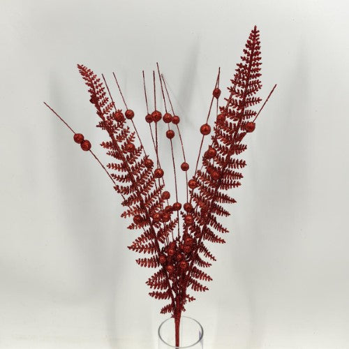 Artificial Glitter Fern Spray (Red)