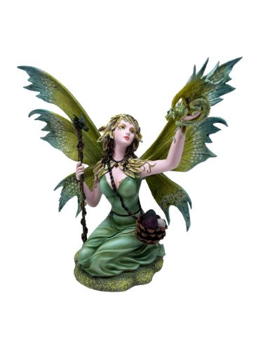 Ornament - Green Garden Fairy with Dragon and Wand (39 x 18 x 34cm)