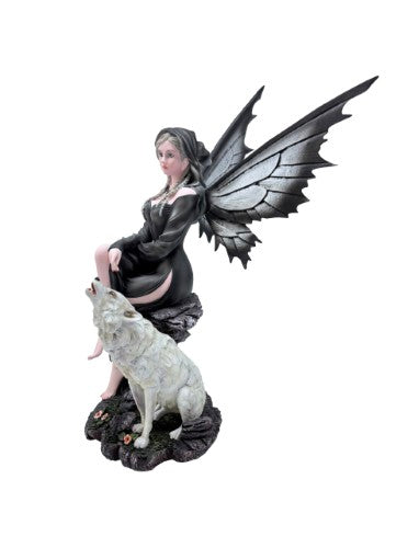 Ornament - Black Fairy With Howling Wolf (22 x 25 x 34.5cm)