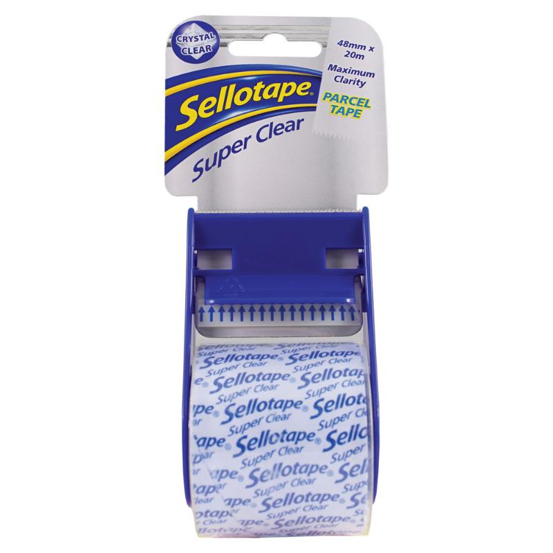 Sellotape Super Clear tape on dispenser, 48mm x 20m, strong adhesive for parcels and crafting, ultra-clear finish.