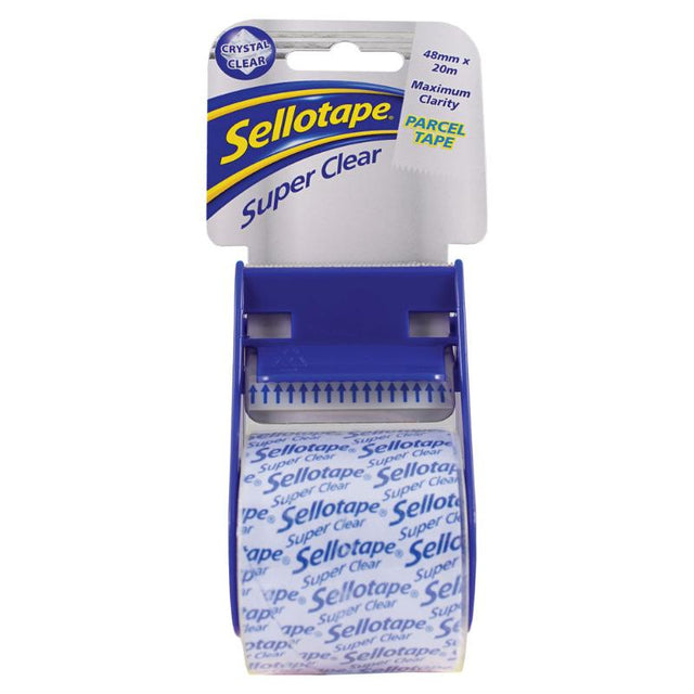Sellotape Super Clear tape on dispenser, 48mm x 20m, strong adhesive for parcels and crafting, ultra-clear finish.