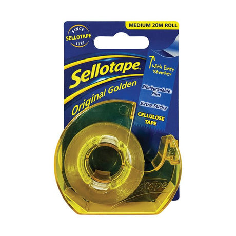 Sellotape 3263 cellulose tape on dispenser, 18mm x 20m, eco-friendly, easy-tear for wrapping and crafting.