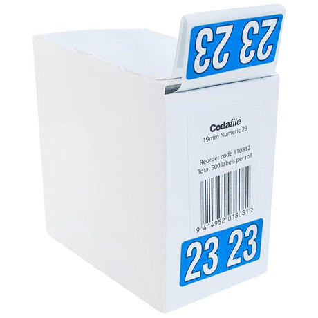 Codafile 19mm 2023 labels on a roll for efficient organization and color-coded filing, ideal for home or office use.