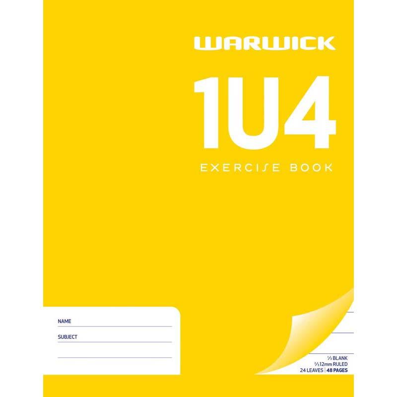 Warwick Exercise Book 1U4 features 24 leaves: 2/3 ruled for writing and 1/3 unruled for sketches, in a vibrant yellow color.