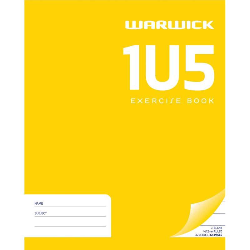 Warwick Exercise Book 1U5 featuring 32 leaves, with 1/3 blank and 2/3 ruled layout, ideal for versatile note-taking.